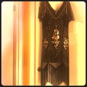 1920’s dress gold and beads sequins & fringe hem.